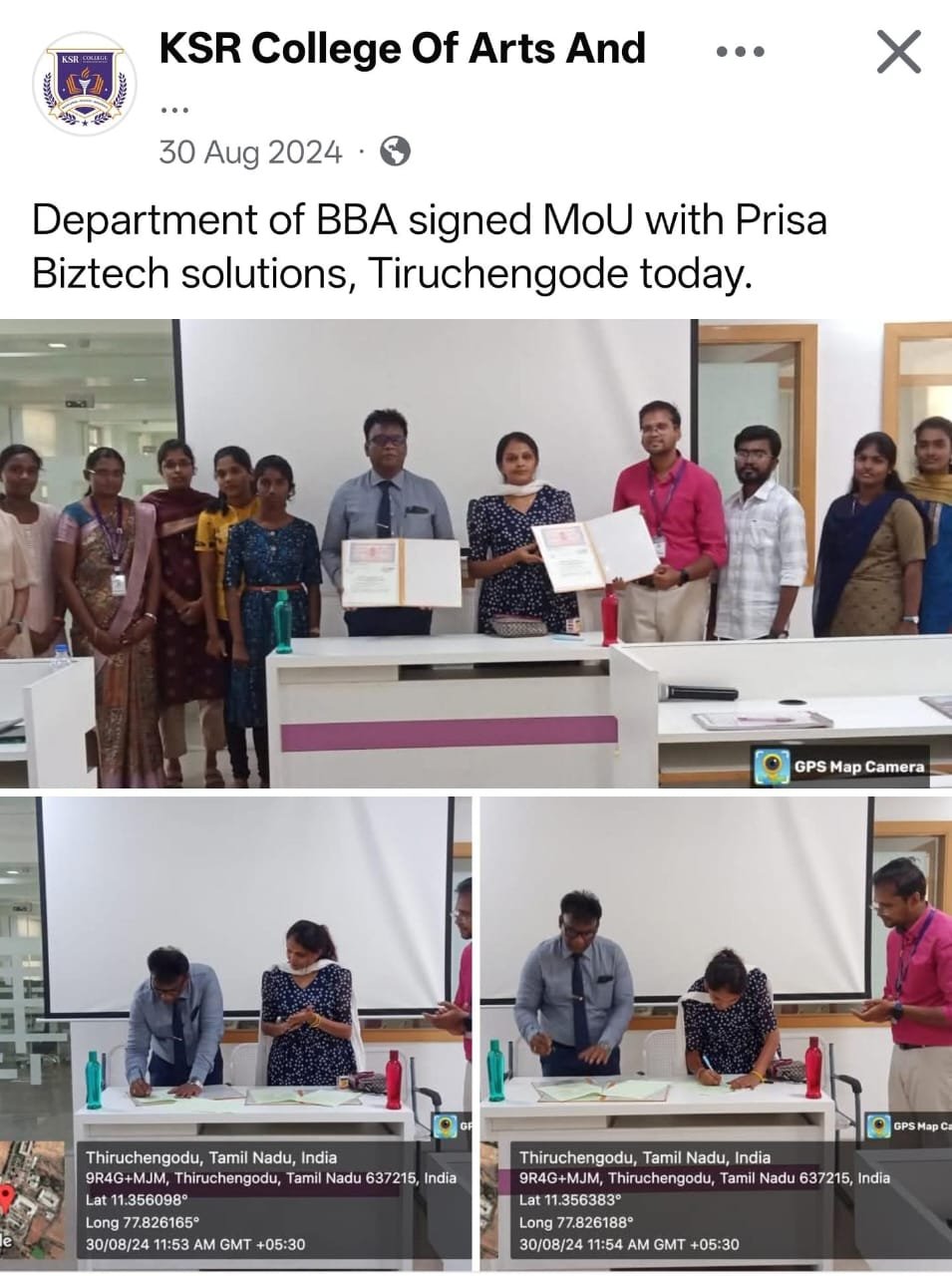 KSR Department of BBA MoU with Prisa Biztech Solutions